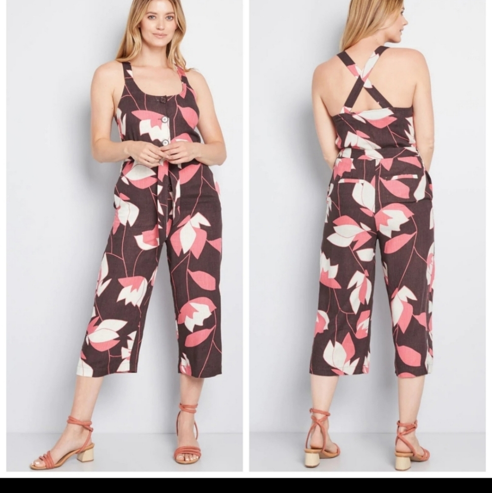 Modcloth Brightest Idea Linen Blend Retro Floral Cropped Jumpsuit NWOT XL